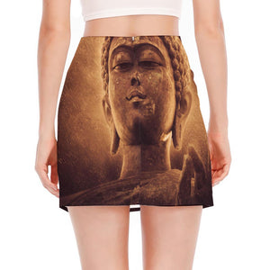 Vintage Buddha Statue Print Side Slit Mini Skirt