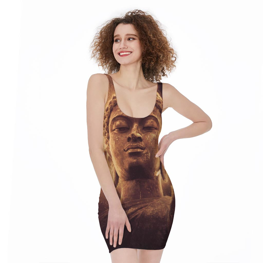 Vintage Buddha Statue Print Sleeveless Bodycon Dress