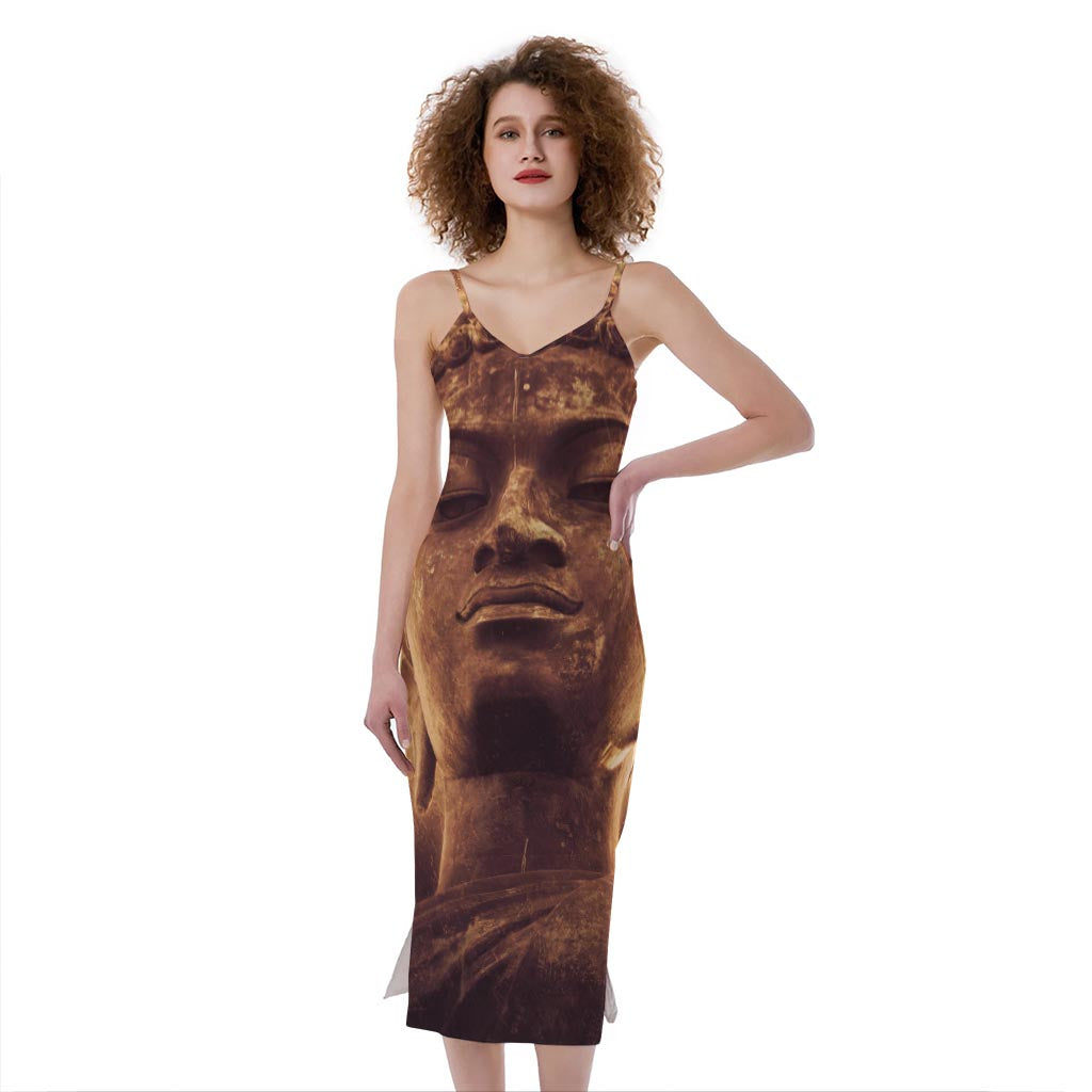 Vintage Buddha Statue Print Slim Fit Midi Cami Dress