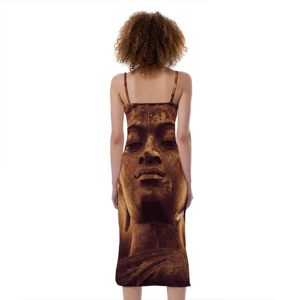 Vintage Buddha Statue Print Slim Fit Midi Cami Dress