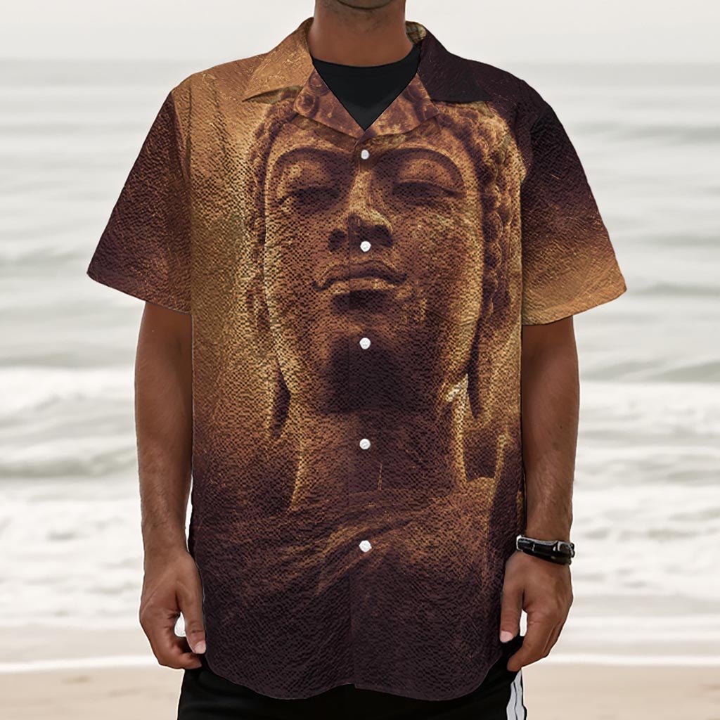 Vintage Buddha Statue Print Textured Short Sleeve Shirt