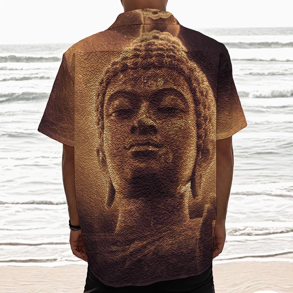 Vintage Buddha Statue Print Textured Short Sleeve Shirt