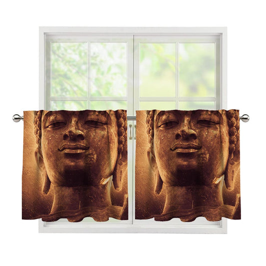Vintage Buddha Statue Print Tier Curtains