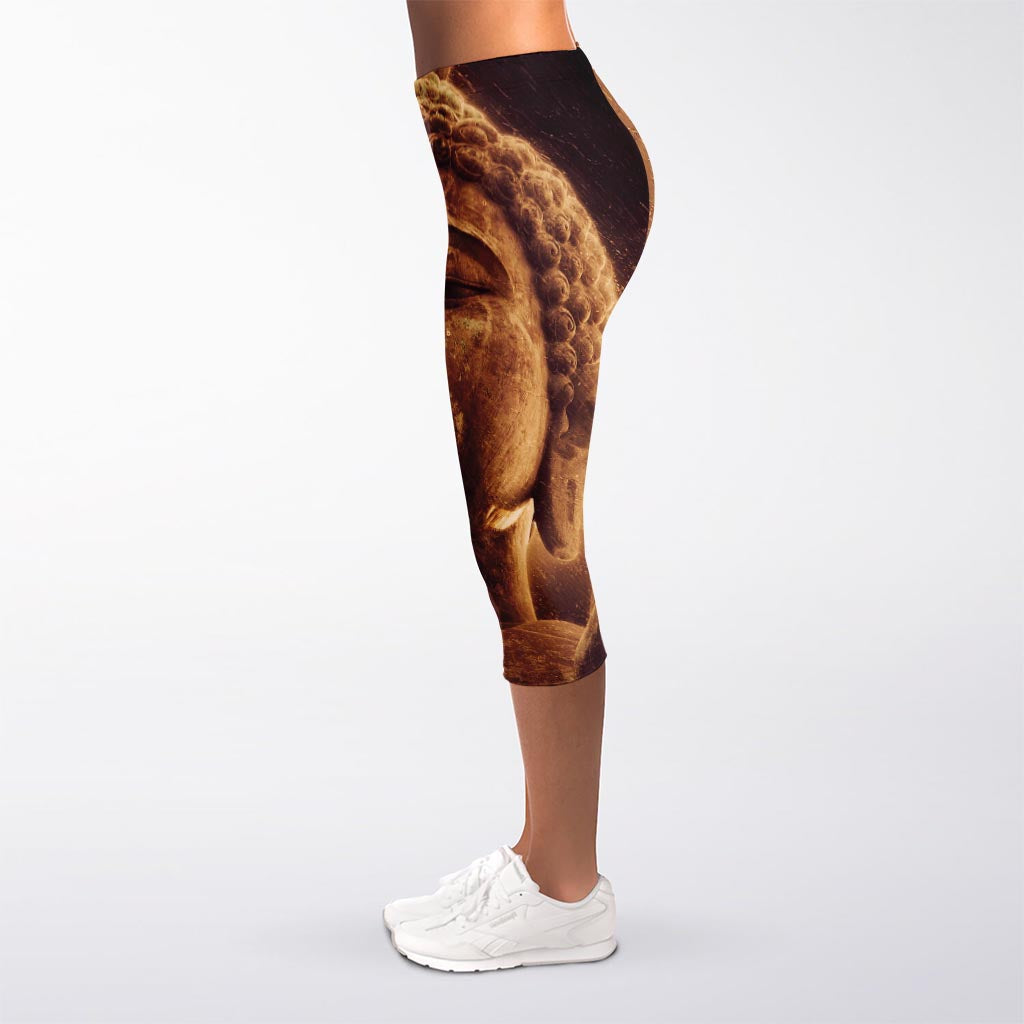 Vintage Buddha Statue Print Women's Capri Leggings