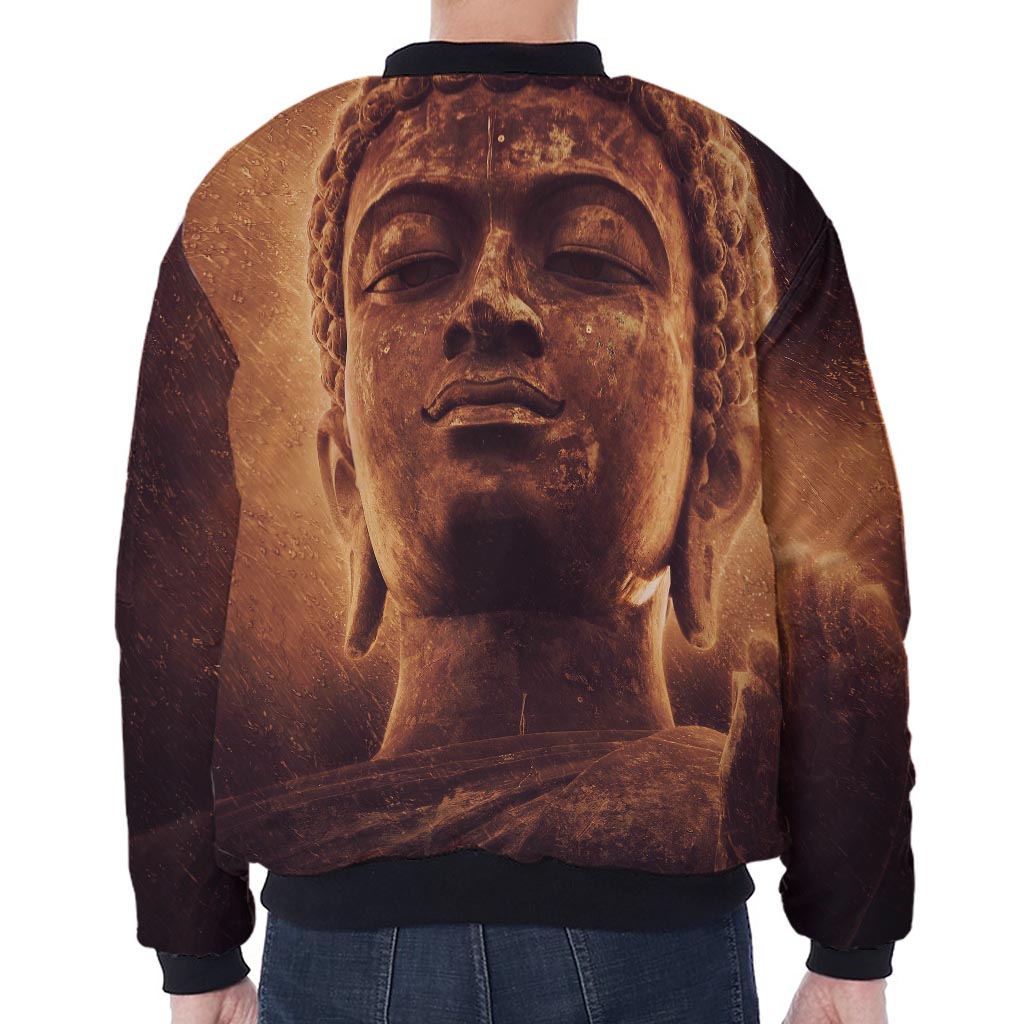 Vintage Buddha Statue Print Zip Sleeve Bomber Jacket