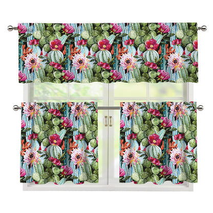 Vintage Cactus And Flower Print 3 Piece Kitchen Curtains
