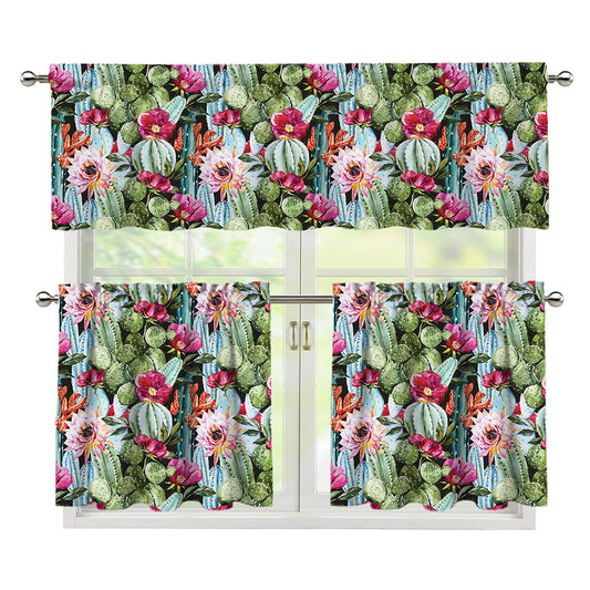 Vintage Cactus And Flower Print 3 Piece Kitchen Curtains