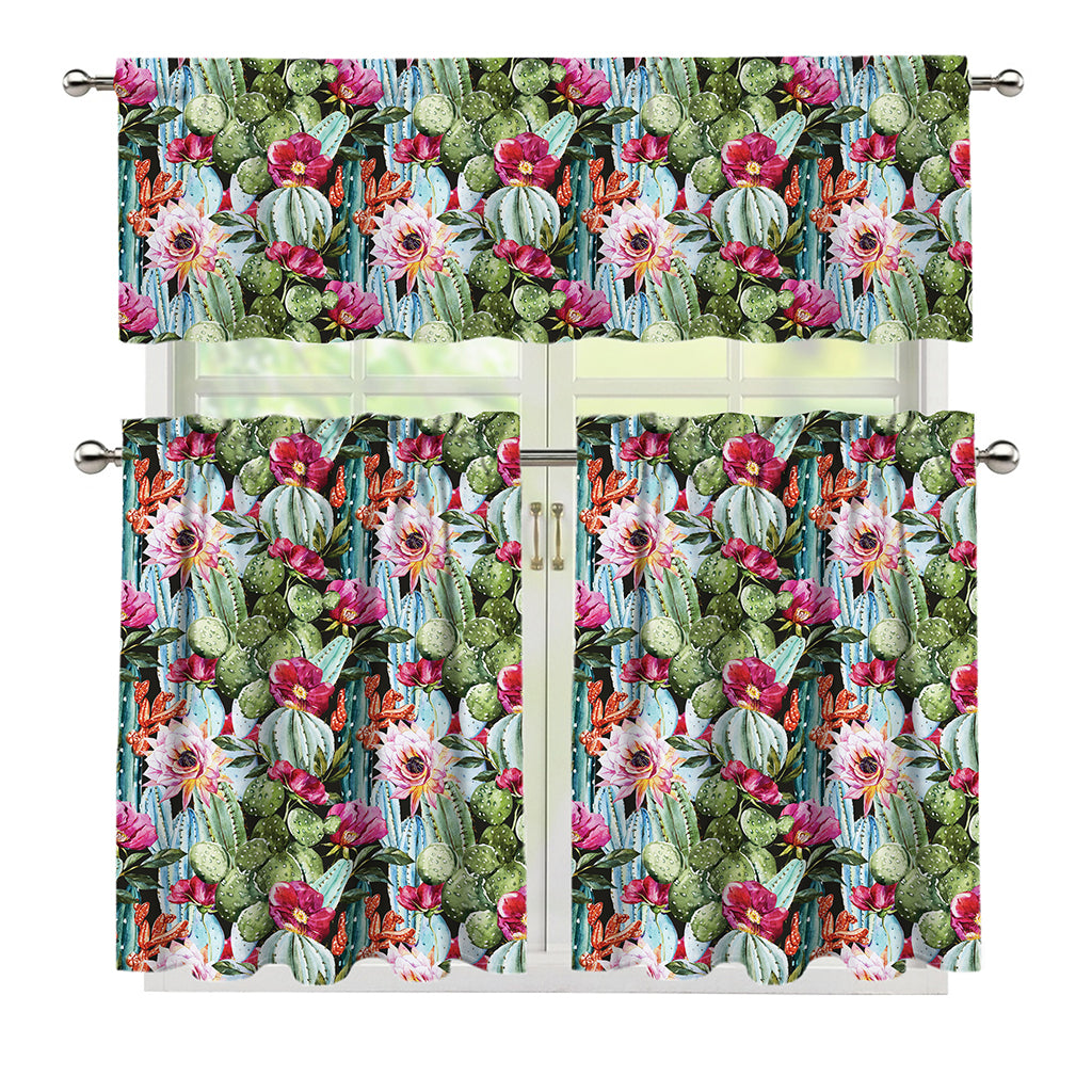 Vintage Cactus And Flower Print 3 Piece Kitchen Curtains
