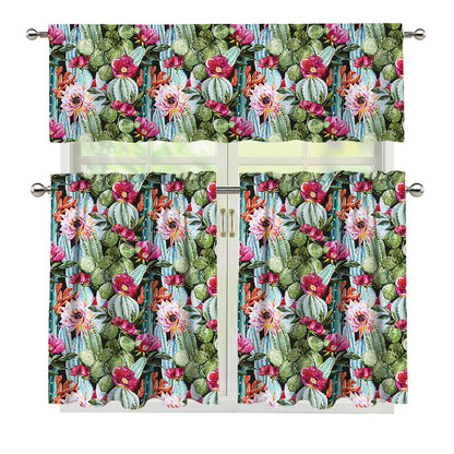 Vintage Cactus And Flower Print 3 Piece Kitchen Curtains