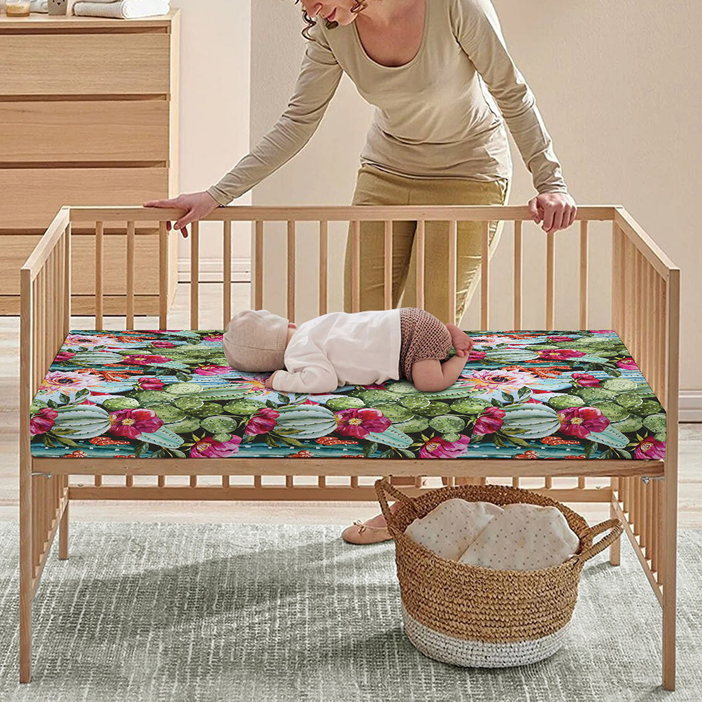 Vintage Cactus And Flower Print Baby Crib Sheet