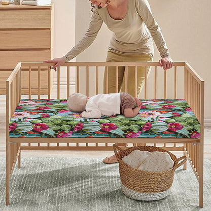 Vintage Cactus And Flower Print Baby Crib Sheet