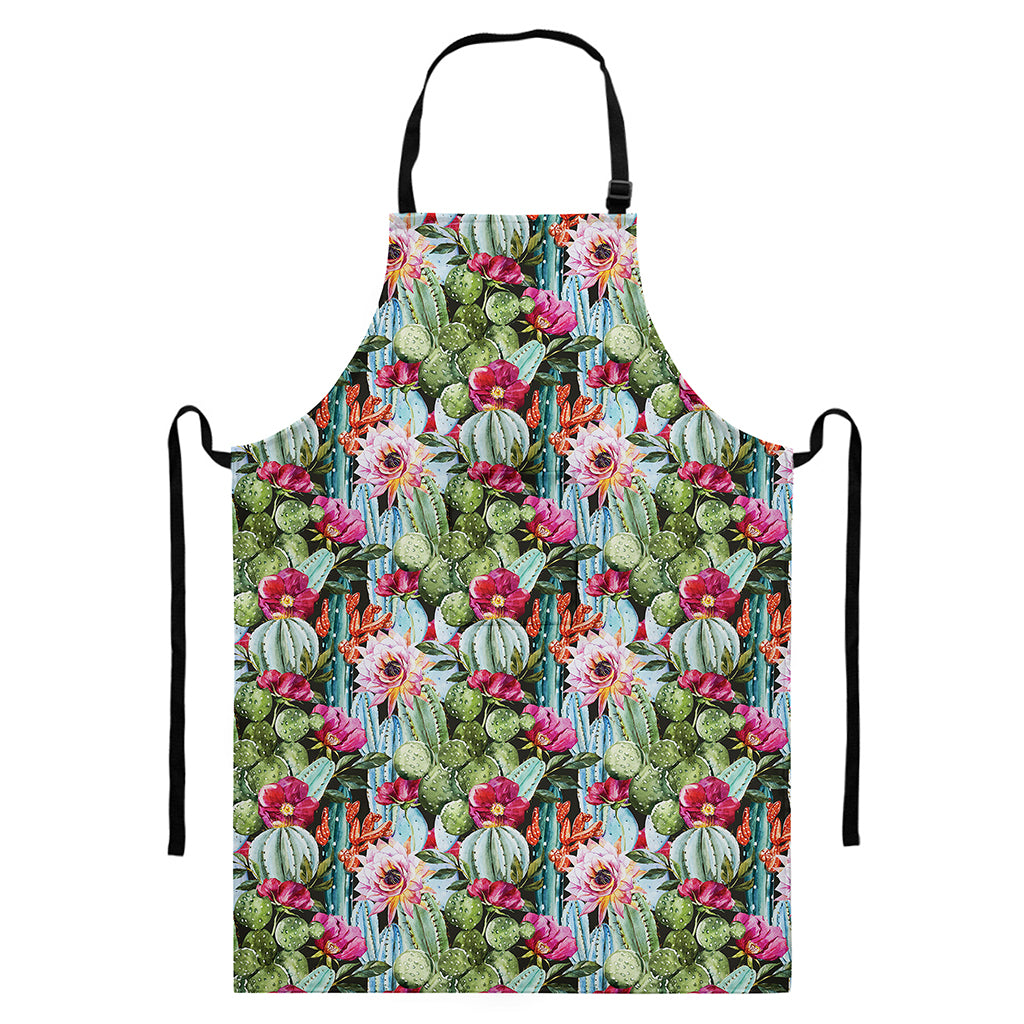 Vintage Cactus And Flower Print Bib Apron With Pocket
