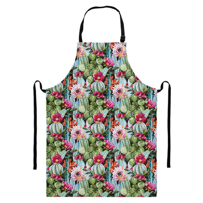 Vintage Cactus And Flower Print Bib Apron With Pocket