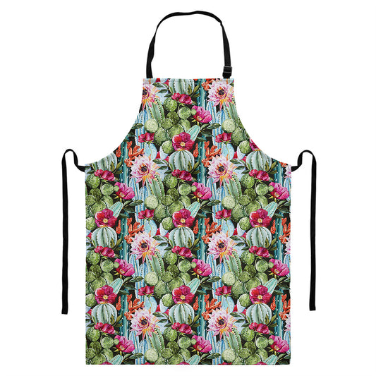Vintage Cactus And Flower Print Bib Apron With Pocket