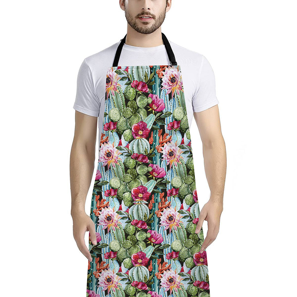 Vintage Cactus And Flower Print Bib Apron With Pocket