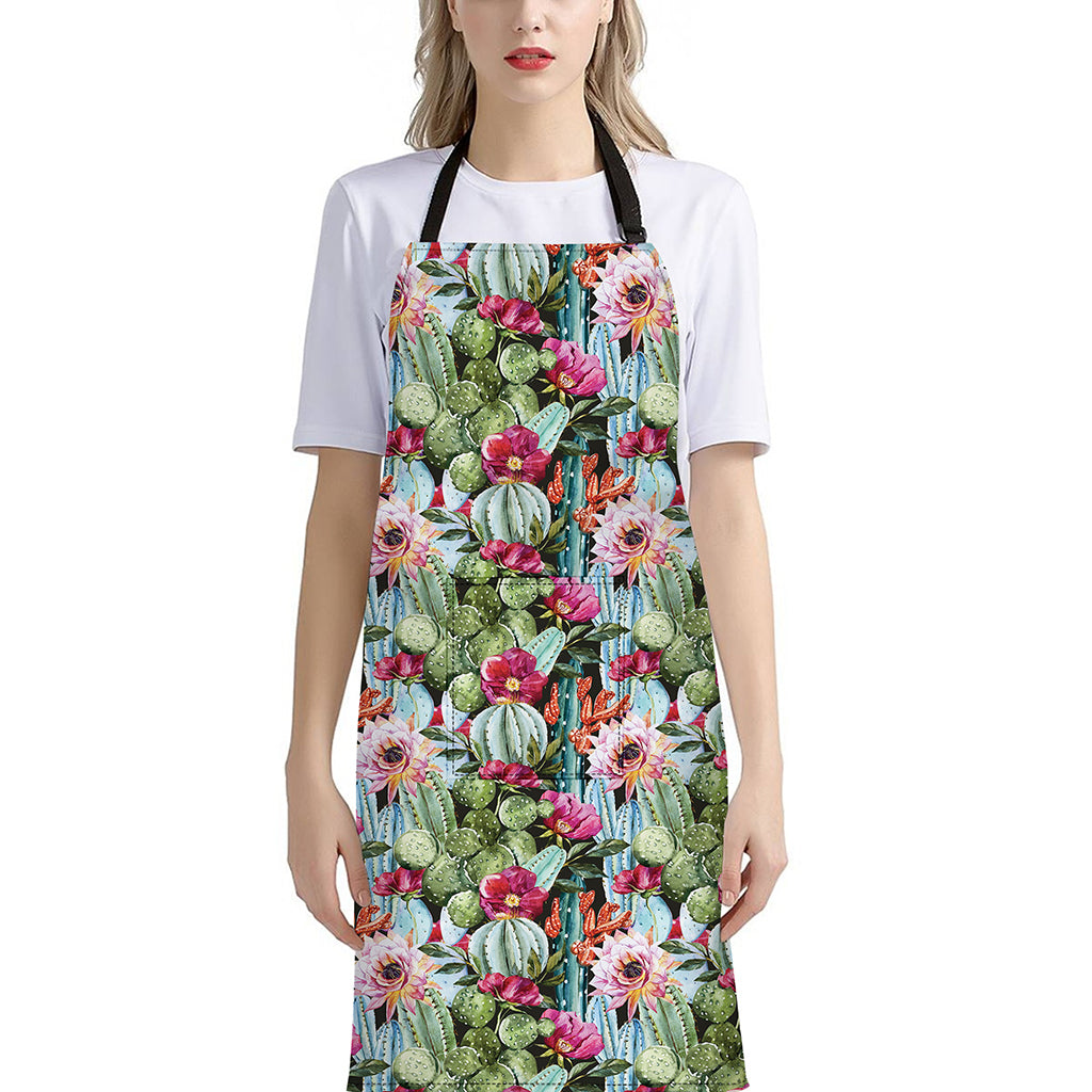Vintage Cactus And Flower Print Bib Apron With Pocket