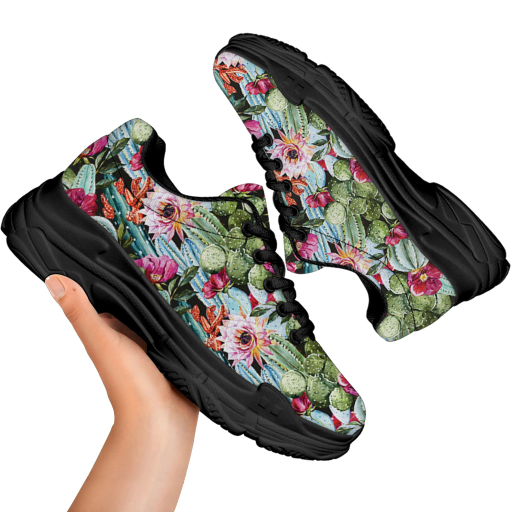 Vintage Cactus And Flower Print Black Chunky Shoes