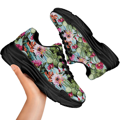 Vintage Cactus And Flower Print Black Chunky Shoes