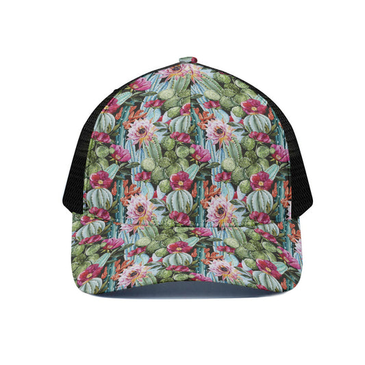 Vintage Cactus And Flower Print Black Mesh Trucker Cap