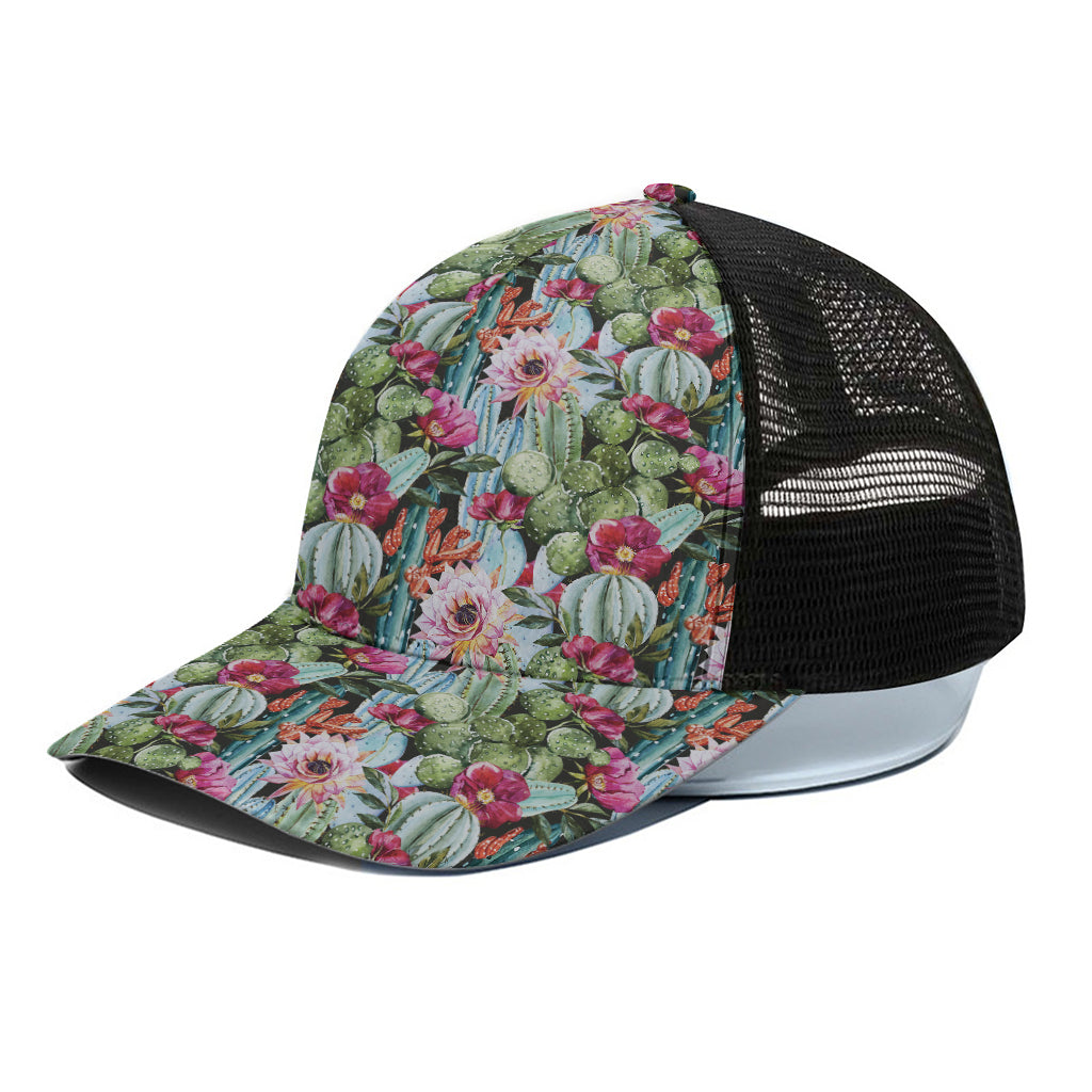 Vintage Cactus And Flower Print Black Mesh Trucker Cap