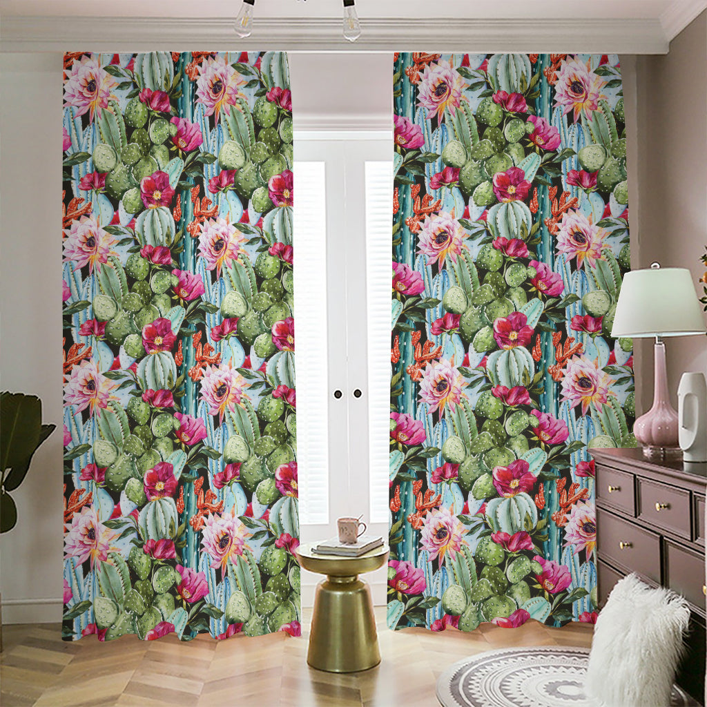 Vintage Cactus And Flower Print Blackout Pencil Pleat Curtains