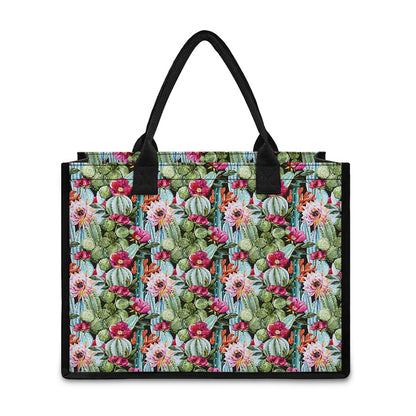 Vintage Cactus And Flower Print Canvas Tote Bag