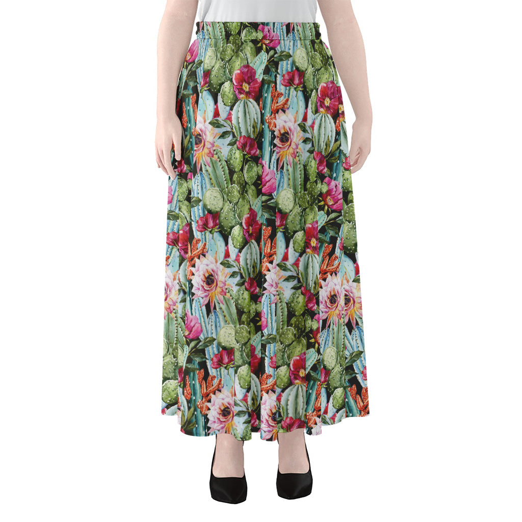 Vintage Cactus And Flower Print Chiffon Maxi Skirt