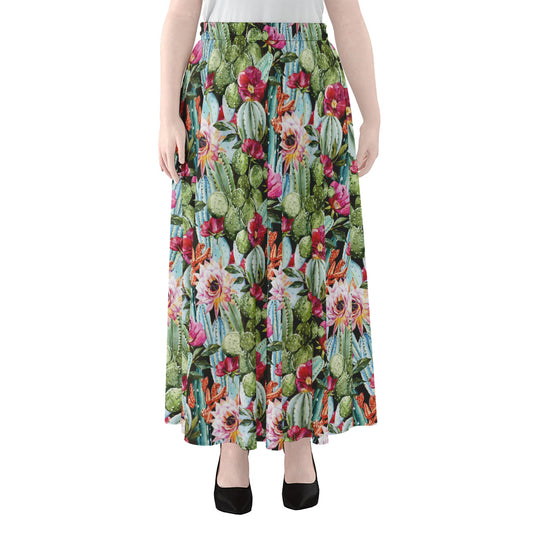 Vintage Cactus And Flower Print Chiffon Maxi Skirt