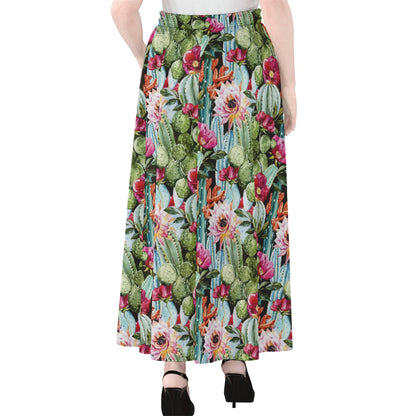 Vintage Cactus And Flower Print Chiffon Maxi Skirt