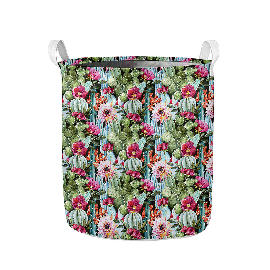 Vintage Cactus And Flower Print Collapsible Laundry Basket