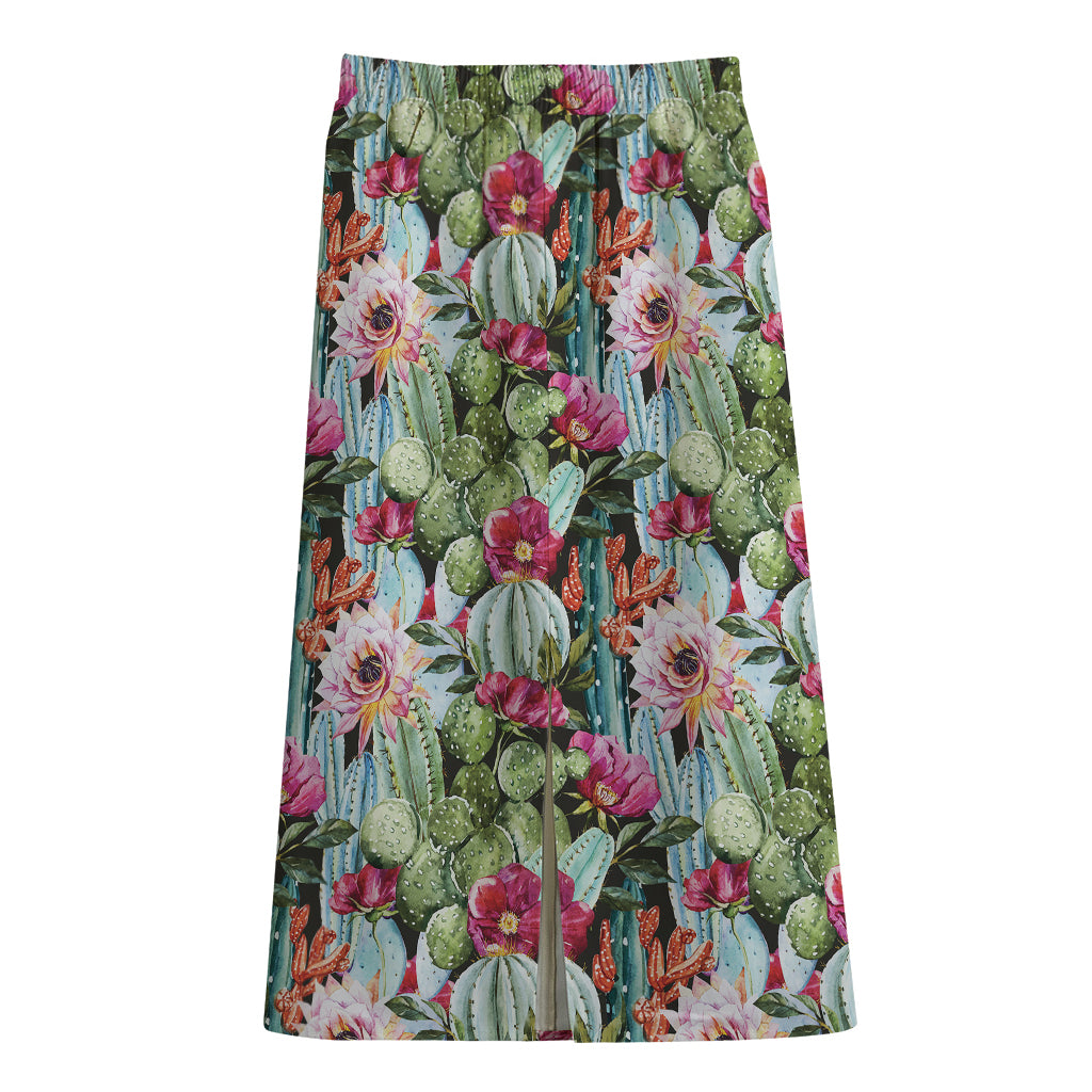Vintage Cactus And Flower Print Cotton Front Slit Maxi Skirt