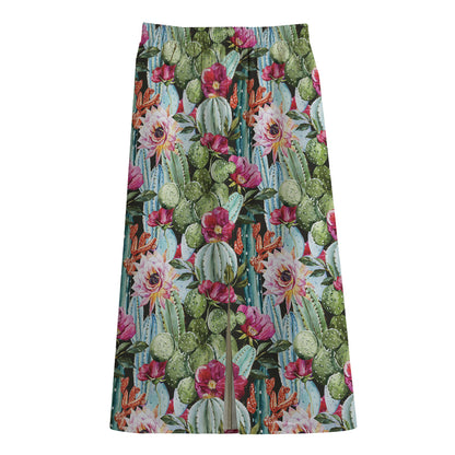 Vintage Cactus And Flower Print Cotton Front Slit Maxi Skirt