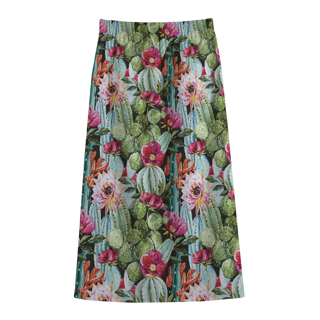 Vintage Cactus And Flower Print Cotton Front Slit Maxi Skirt