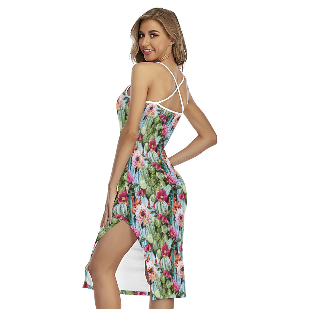 Vintage Cactus And Flower Print Cross Back Cami Dress