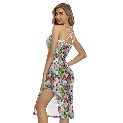 Vintage Cactus And Flower Print Cross Back Cami Dress