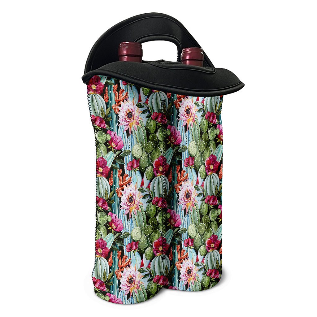 Vintage Cactus And Flower Print Double Neoprene Wine Tote