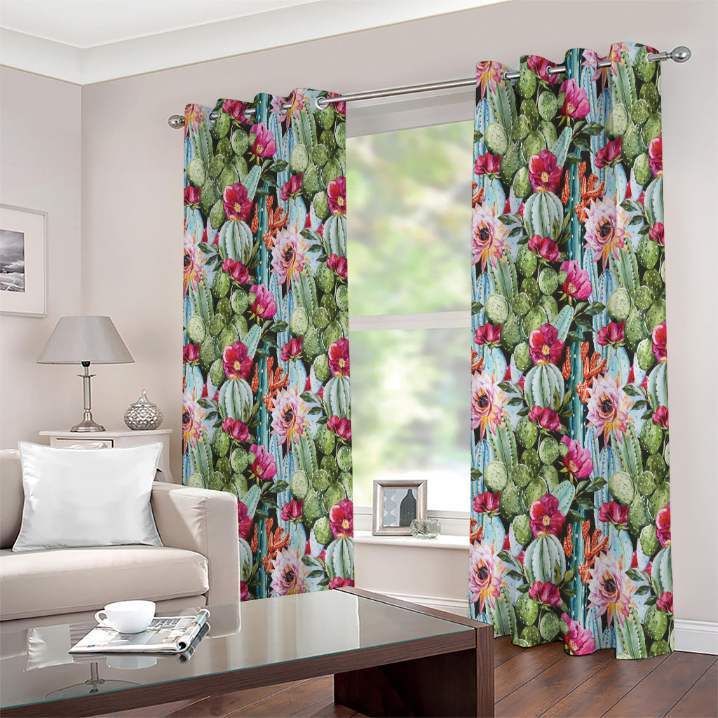 Vintage Cactus And Flower Print Extra Wide Grommet Curtains