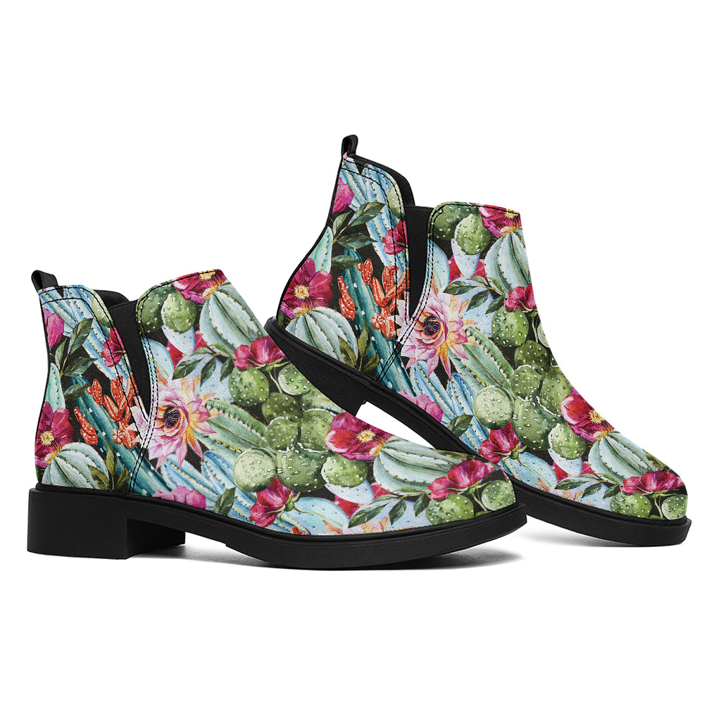 Vintage Cactus And Flower Print Flat Ankle Boots