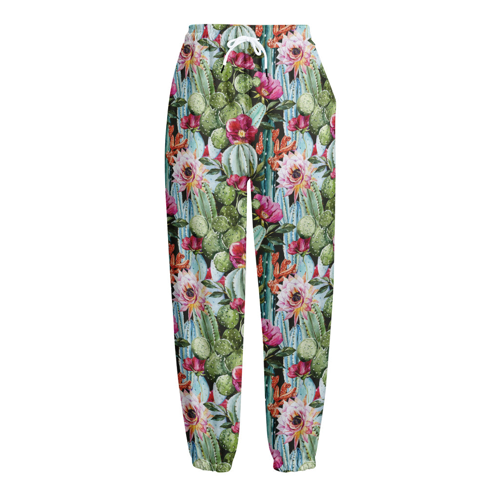 Vintage Cactus And Flower Print Fleece Lined Knit Pants