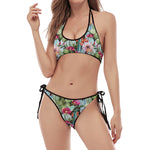 Vintage Cactus And Flower Print Halter Scoop Tie Side Bikini