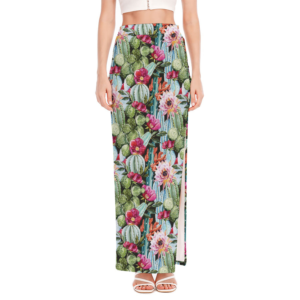 Vintage Cactus And Flower Print High Slit Maxi Skirt