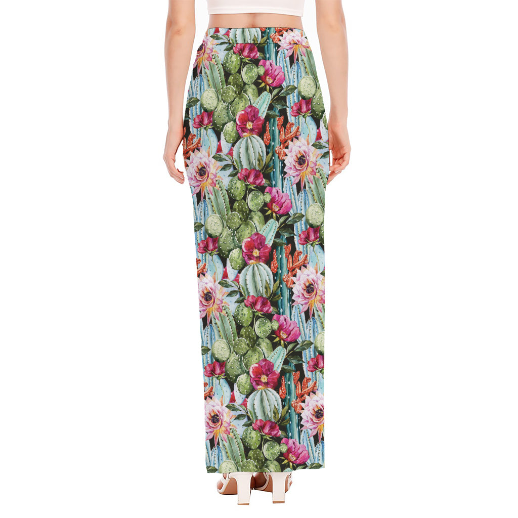 Vintage Cactus And Flower Print High Slit Maxi Skirt