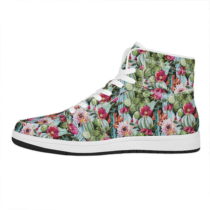 Vintage Cactus And Flower Print High Top Leather Sneakers