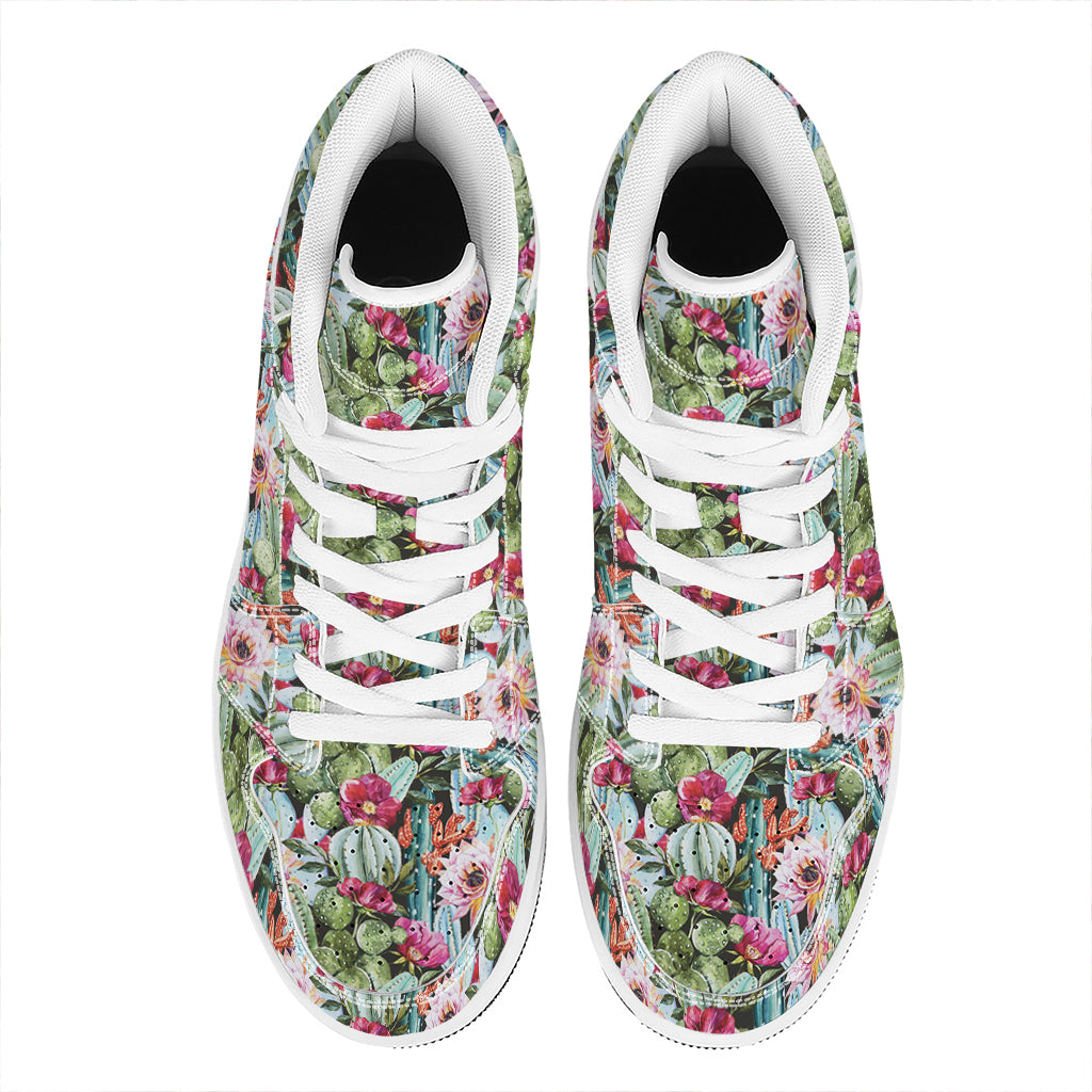 Vintage Cactus And Flower Print High Top Leather Sneakers