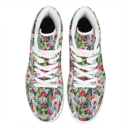 Vintage Cactus And Flower Print High Top Leather Sneakers