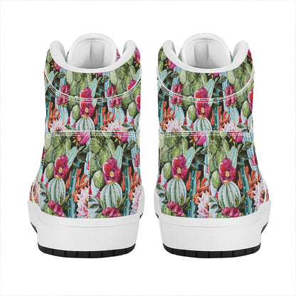 Vintage Cactus And Flower Print High Top Leather Sneakers