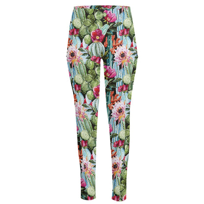 Vintage Cactus And Flower Print High-Waisted Pocket Leggings