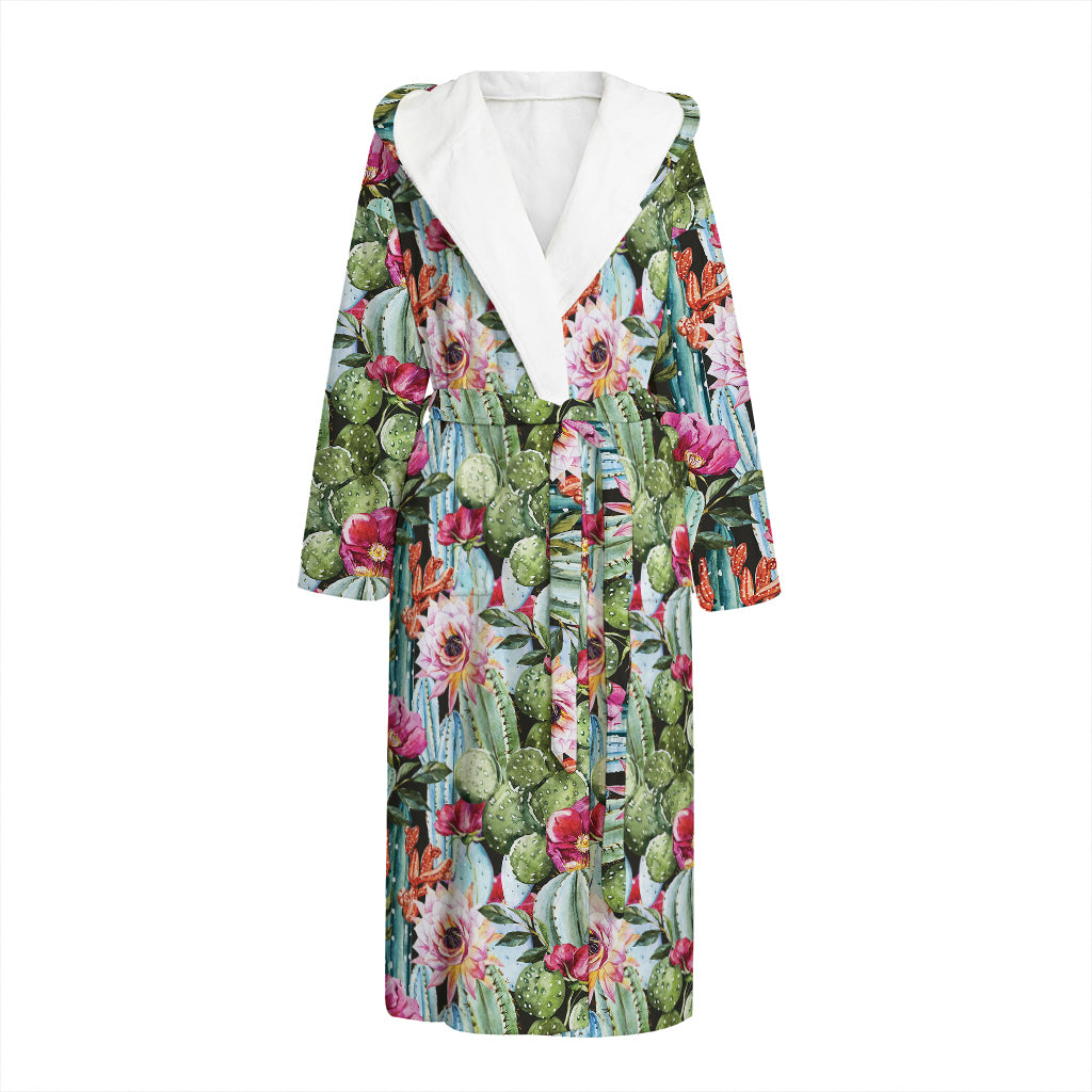 Vintage Cactus And Flower Print Hooded Bathrobe