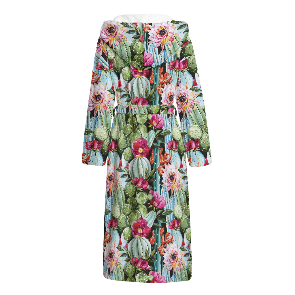 Vintage Cactus And Flower Print Hooded Bathrobe