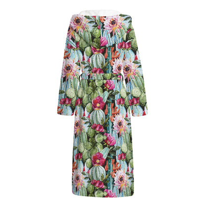Vintage Cactus And Flower Print Hooded Bathrobe